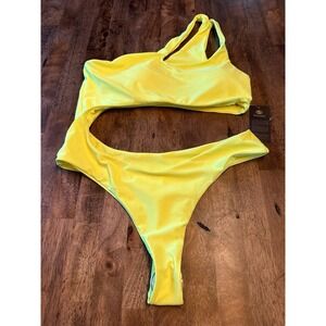 Fluorescent yellow cut out one‎ piece swimsuit size large bathing suit